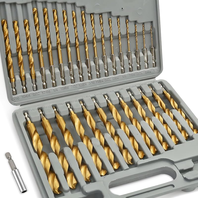 A 30-Piece Titanium Impact HSS Hex Shank Drill Bit Set with 1/16 to 1/