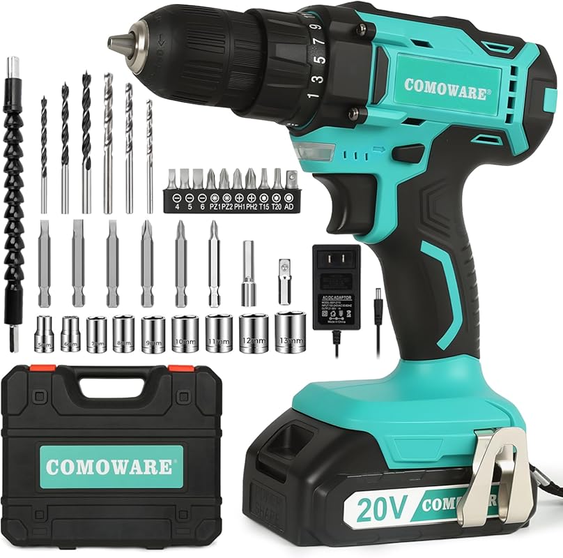 COMOWARE 20V Cordless Handheld Drill Kit with Variable Speed, Keyless 