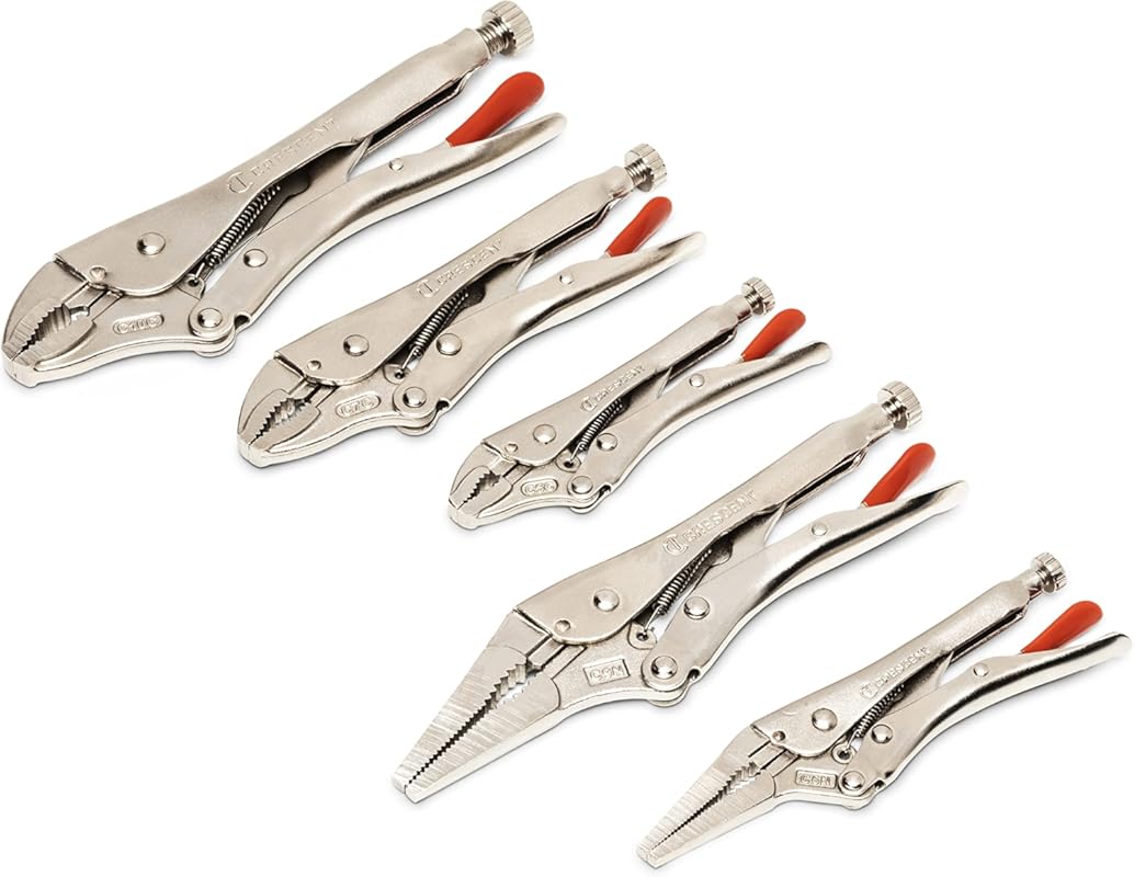 Crescent 5-Piece Curved and Long Nose Locking Pliers Set for Strong Gr