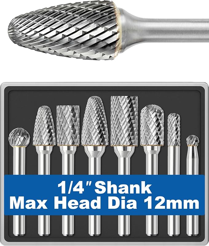 8-Piece 1/4 Shank Carbide Burr Set for Die Grinders on Metal, Wood, St