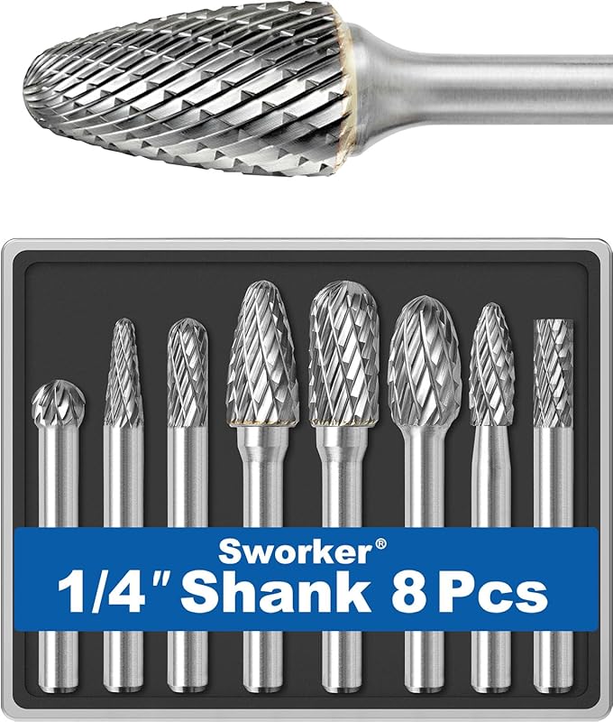 8-Piece Carbide Burr Die Grinder Bits with 1/4 Shank for Metal, Wood, 