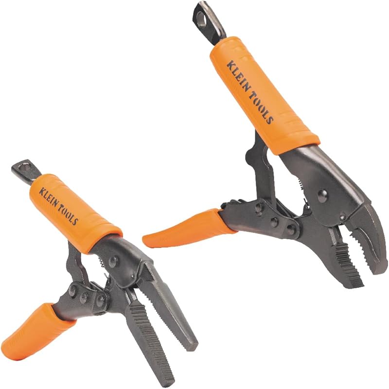Klein Tools 2-Piece Locking Pliers Set with 7-Inch Long Nose and 10-Inch Curved Jaw.