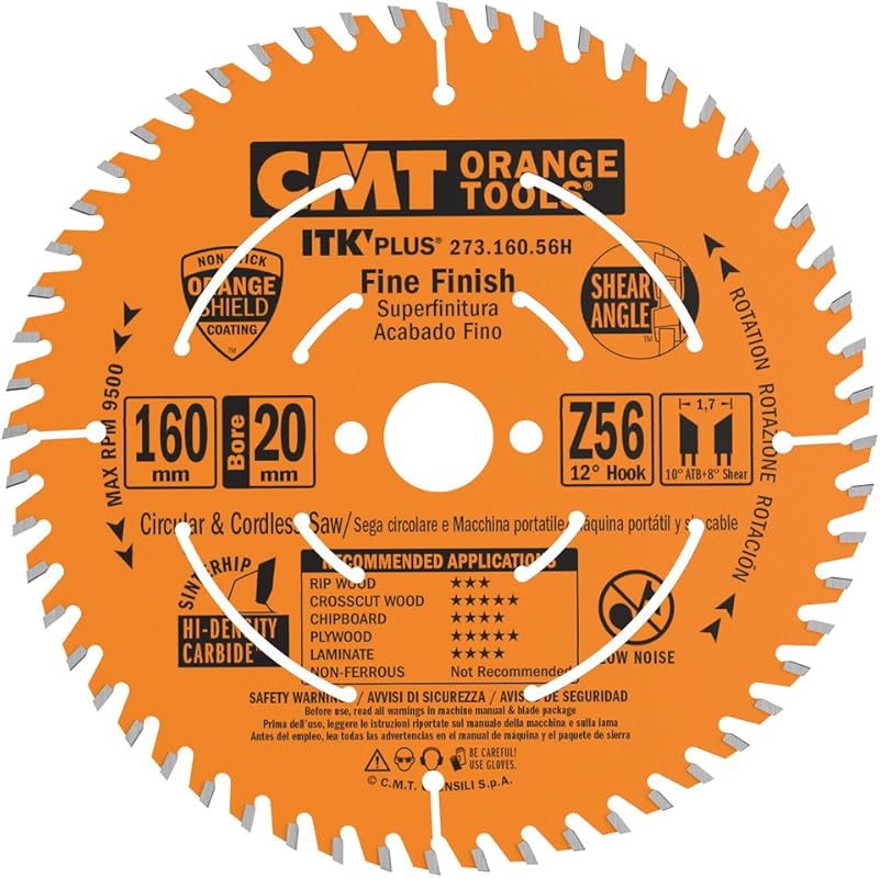 CMT 6.3-inch 56T fine finish table saw blade for precise cuts on hardw