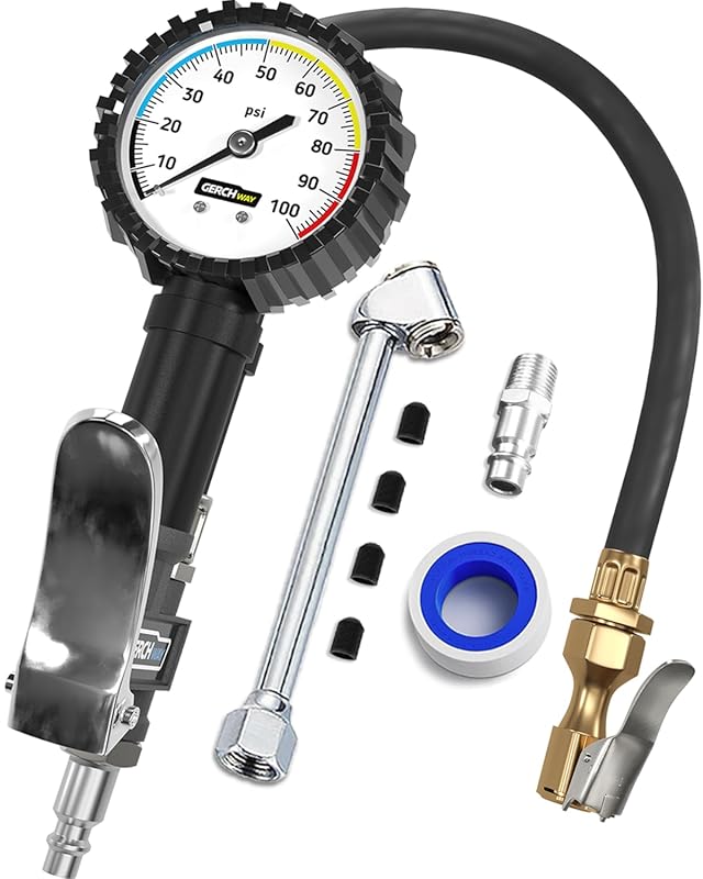 Air Compressor Tire Inflator Attachment with Pressure Gauge, Longer Ho