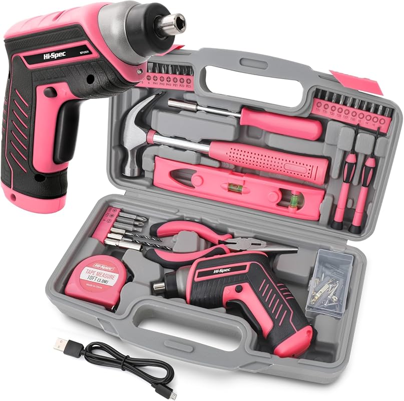 Complete 35-Piece Pink Tool Kit featuring a Cordless Electric Drill fo