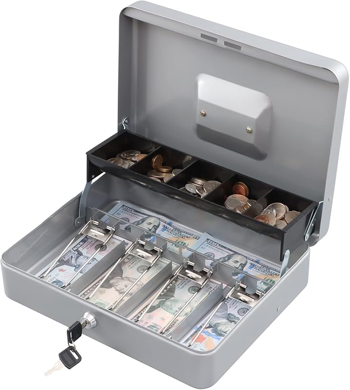 KYODOLED XL Large Locking Cash Box with Key and Cash Tray for Secure M