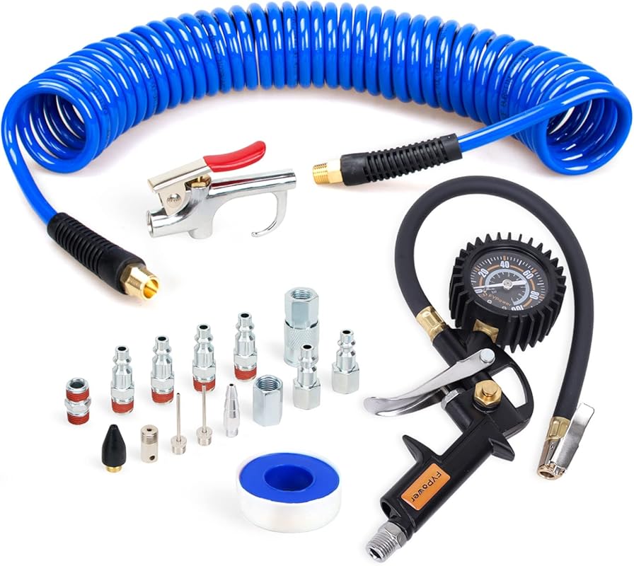 Air Compressor Accessories Kit: 25ft Recoil Hose, Quick Connect Fittin