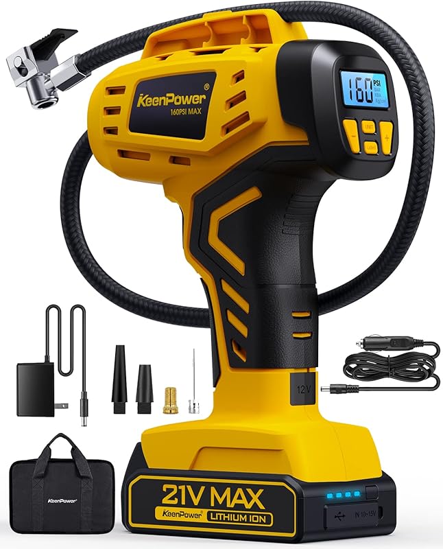 KeenPower Portable Tire Inflator: 21V Rechargeable Battery Air Compres