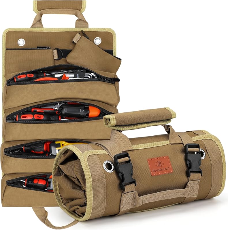 Heavy Duty Roll-Up Tool Bag Organizer with Two Detachable Pouches for 