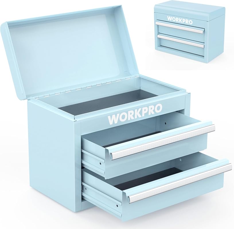 WORKPRO Mini Metal Tool Box: Features Two Drawers and Top Storage for 