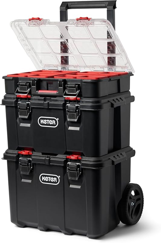5 Best Stackable Tool Boxes: Expert-Reviewed for Quality & Value 1 Keter Stack-n-Roll 3-Piece Modular Rolling Tool Box for Small Parts, B