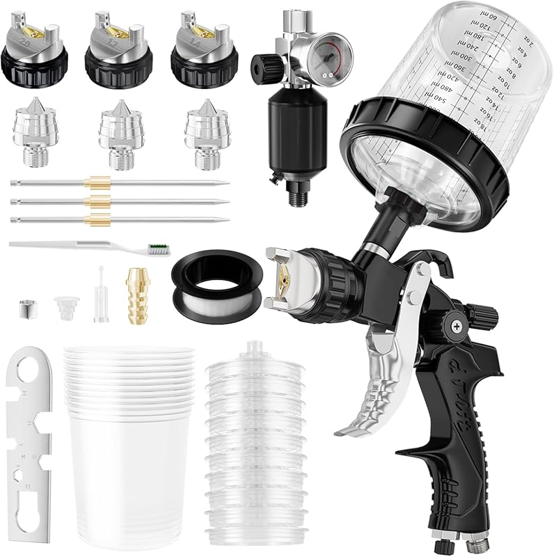 HVLP Air Spray Gun with 1.4, 1.7, 2mm Nozzles and Regulator for Car Pa