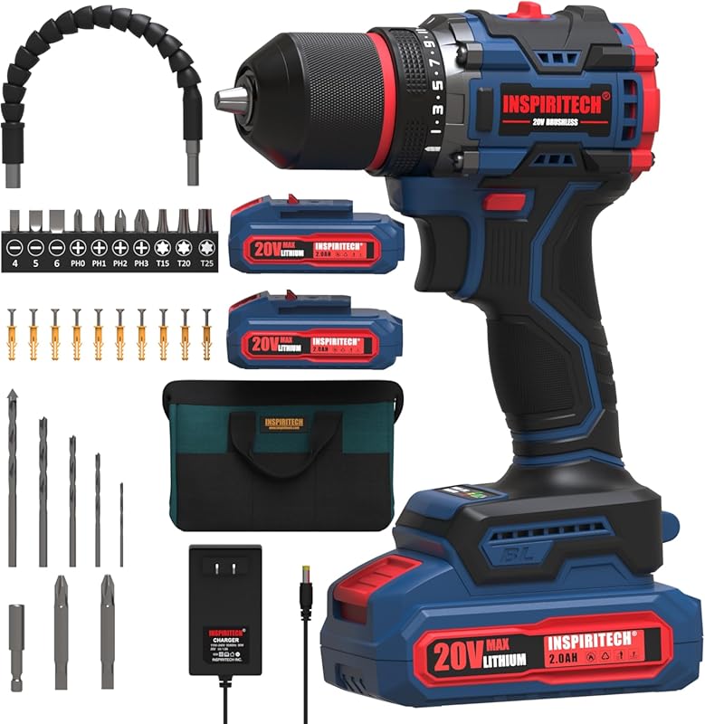 20V Brushless Cordless Drill Driver Kit with 2 Batteries, Charger, Bit
