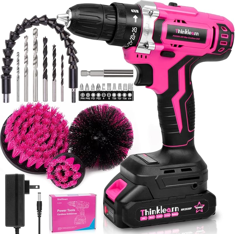 Best Pink 20V Cordless Drill for Women: Keyless Chuck, Brush, Bit Set,