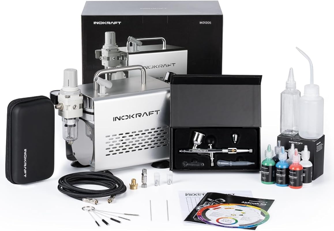 InoKraft Quiet 1/6 HP Air Compressor Kit with Gravity Airbrush for Mod