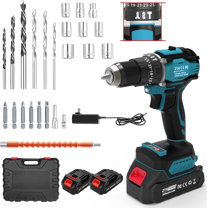 21V Cordless Power Drill/Driver Set, 80Nm Max Torque with 2 Batteries 