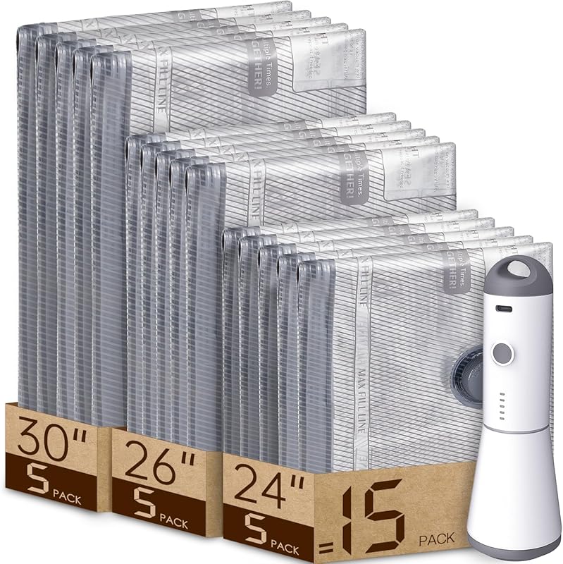 15 Pack Travel Vacuum Bags with Rechargeable Pump, Carry-on Size for L
