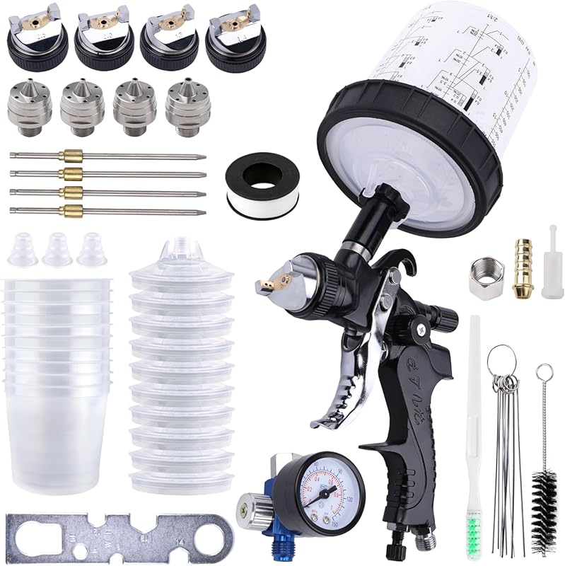 HVLP Gravity Feed Spray Gun Kit with 4 Nozzles and Regulator for Autom