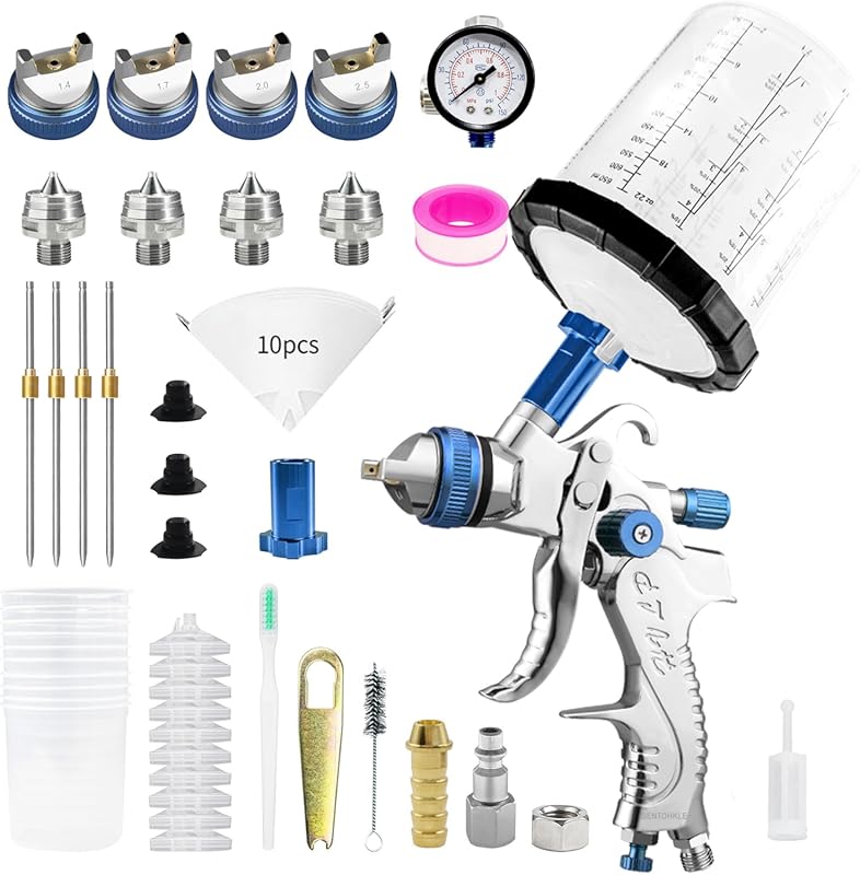HVLP Gravity Feed Spray Gun, Multiple Nozzles, Mixing Cups for Auto an