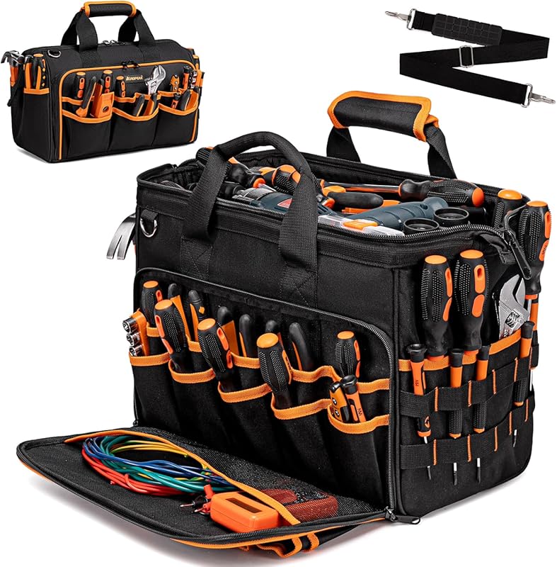 Durable 17-Inch Electrician Tool Bag, 46 Pockets, Foldable Design, Adj
