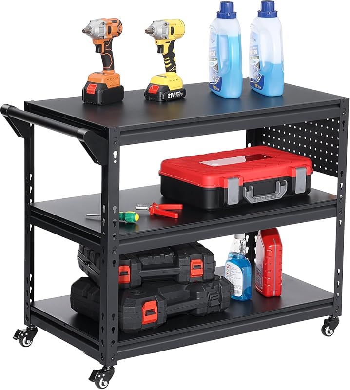 5 Best Rated Portable Workbench: Expert-Approved for Quality 3 3-Tier Rolling Workbench Heavy Duty Adjustable Metal Tool Work Table with Side Pegboard, Wheels