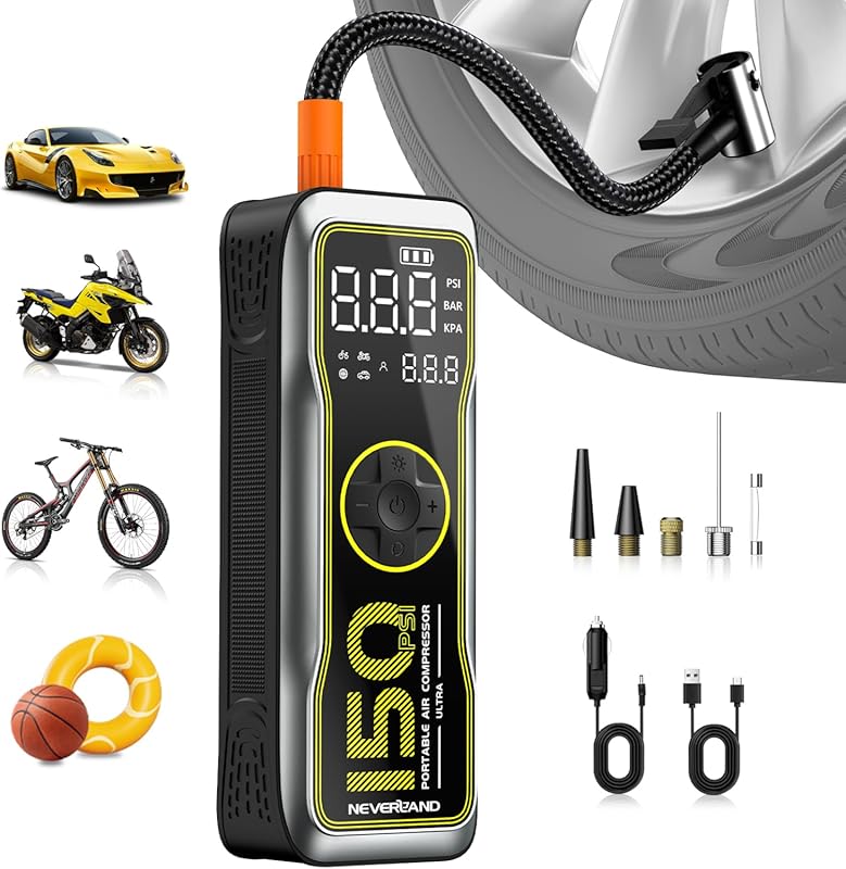 Portable Air Compressor Tire Inflator, 150 PSI, 16000mAh, 12V DC, LED 