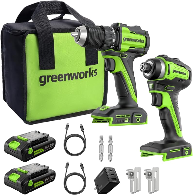 Greenworks 24V Cordless Brushless Impact Driver and Drill Combo with U