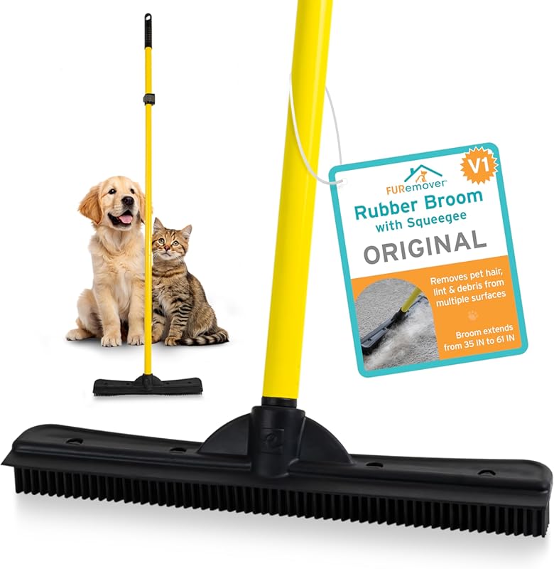 FURemover Pet Hair Rubber Broom with Squeegee for Hardwood Floors and 