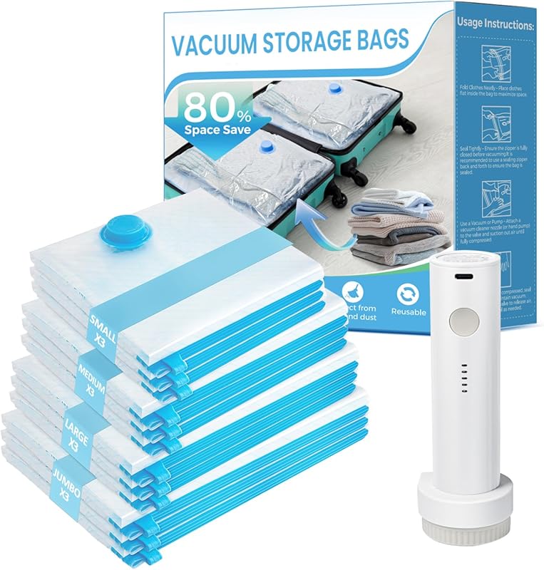 12 Travel Vacuum Bags for Clothes and Luggage, Includes Portable Elect