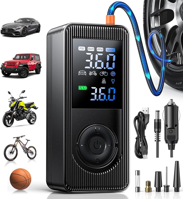 Rechargeable Portable Air Compressor, 150 PSI with Fast Inflation, LCD