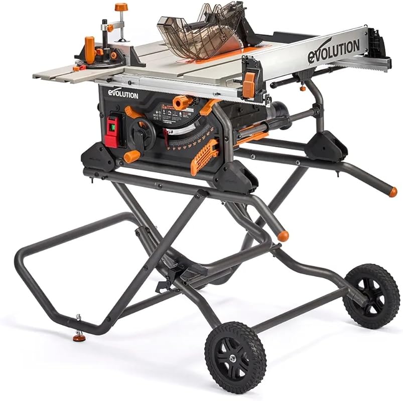Evolution R10TBLX 10-inch Jobsite Table Saw: Wheeled Scissor Stand, 15