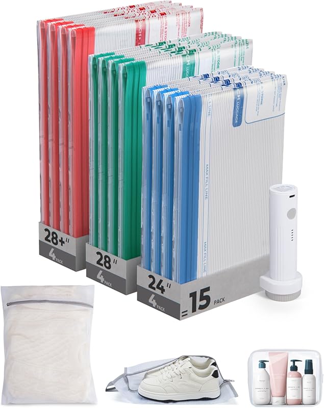 15 Pack Travel Vacuum Storage Bags with Rechargeable Pump for Clothing