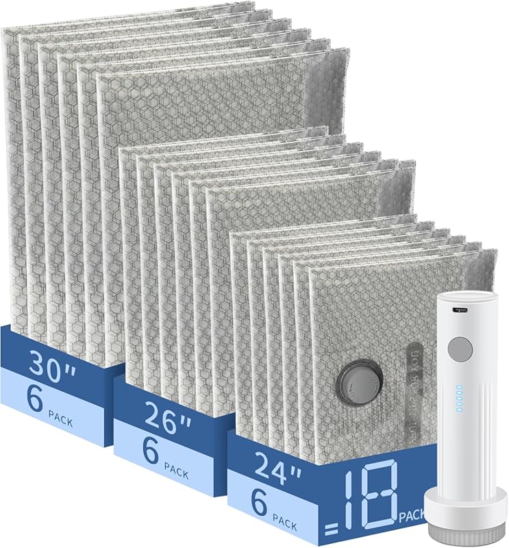 Eighteen Vacuum Storage Bags for Travel Clothing, complete with a Rech