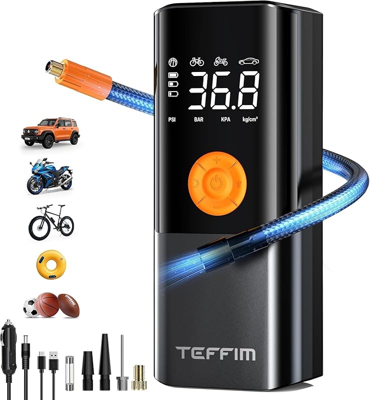Portable Cordless Tire Inflator: LED Light, Pressure Gauge for Car, Mo