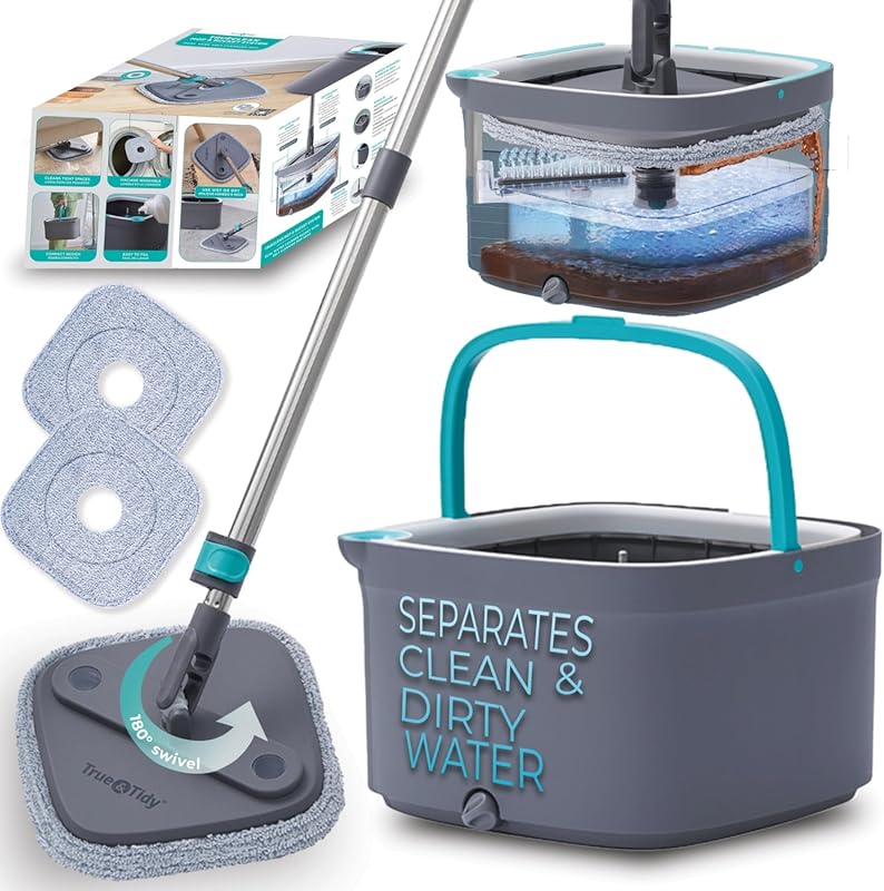 True & Tidy True Clean Spin Mop & Bucket System: Dual Compartment, Scr