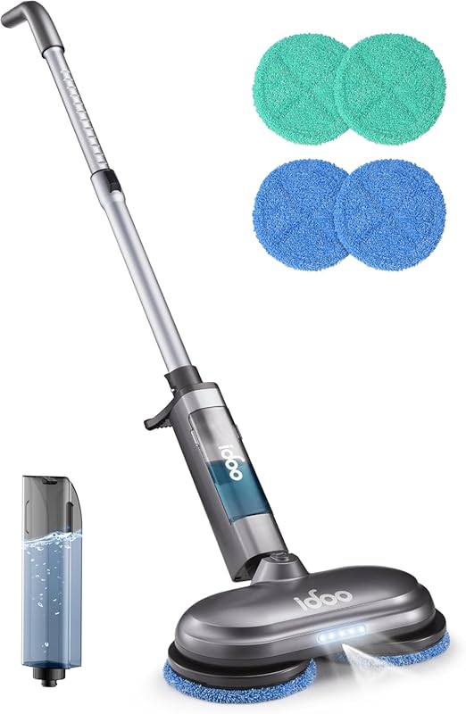 iDOO Cordless Electric Spin Mop with Water Spray and LED Headlight for