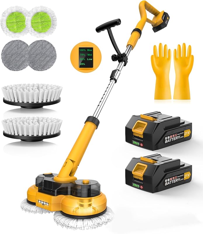 qimedo Cordless Electric Spin Mop with Power Scrubber, LED Light, and 