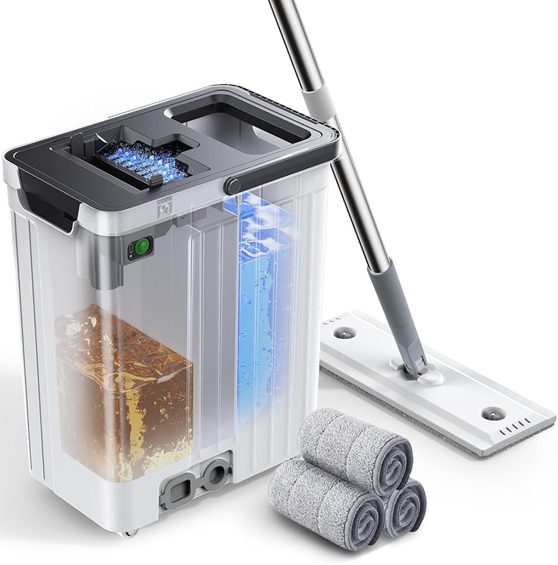 Flat Mop and Bucket Set with Auto-Spray, Dirty Water Separation, and 3