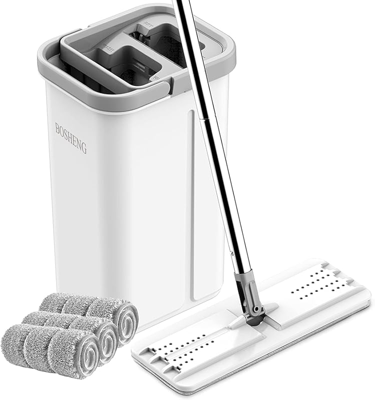 Flat Mop and Bucket with Hands-Free Wringer, Includes 3 Washable Micro