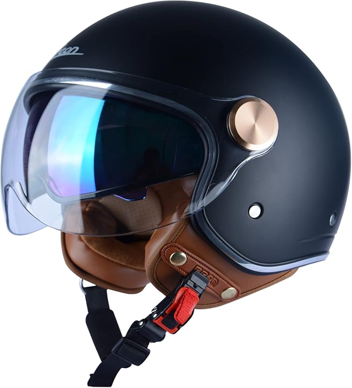 Adult Open Face Motorcycle Helmet with Dual Visors - Retro 3/4 Style f