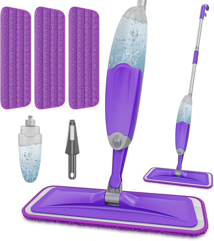 HOMTOYOU Wet Spray Mop for Tile Floors with 3 Washable Pads & Pet Hair