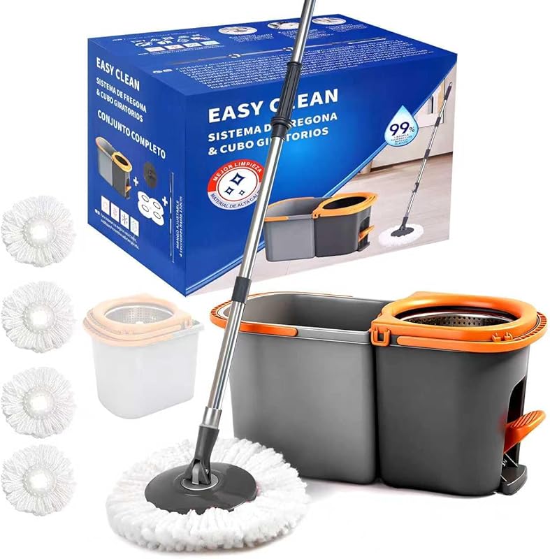 Spin Mop and Bucket with Stainless Steel Wringer, Separates Dirty Wate