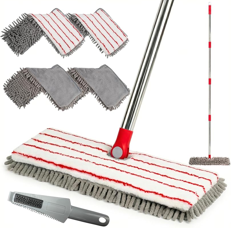 Microfiber Flat Dust Mop: 4 Washable Pads, Extendable Handle for Wet &
