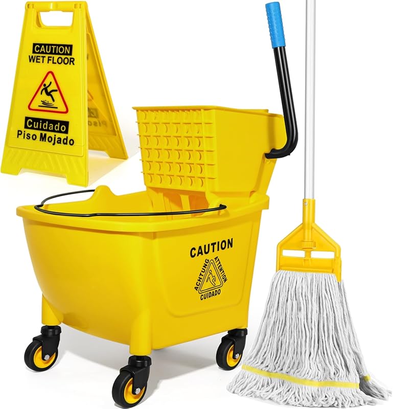 Heavy Duty 35 Qt Commercial Mop Bucket with Side Press Wringer on Whee