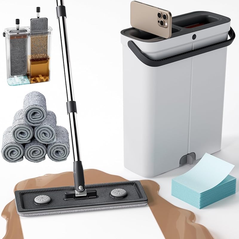 Compact Flat Mop and Bucket with Hands-Free Wringer. Includes 6 Microf